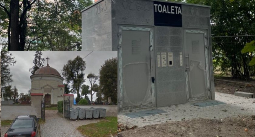 Zdjęcie wejścia do cmentarza w Łomży i publicznej toalety w Białymstoku