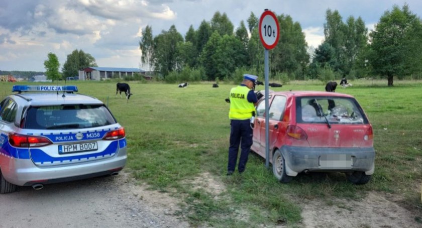 Zdjęcie policjanta drogówki, radiowozu i zatrzymanego auta osobowego na pastwisku/ podlaska.policja.gov.pl