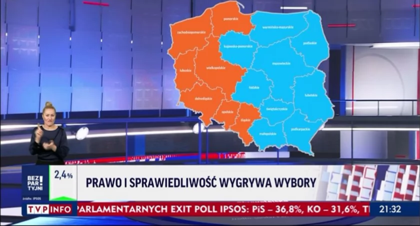 Zdjęcie mapy Polski z preferencjami wyborczymi/ zrzut ekranu z TVP Info