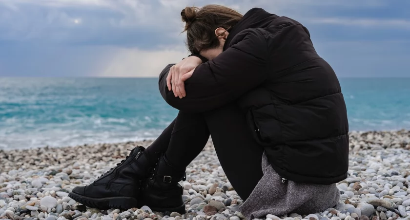 Zdjęcie zmartwionej kobiety siedzącej nad brzegiem morza/ Pixabay.com
