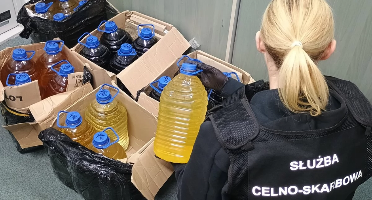 Zdjęcie funkcjonariuszki KAS z zarekwirowanym nielegalnym alkoholem/ KAS