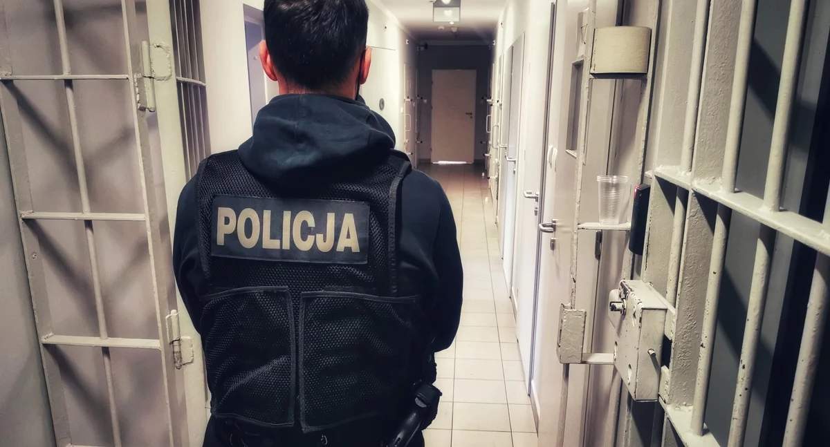 Zdjęcie policjanta stojącego tyłem na korytarzu aresztu/ podlaska.policja.gov.pl