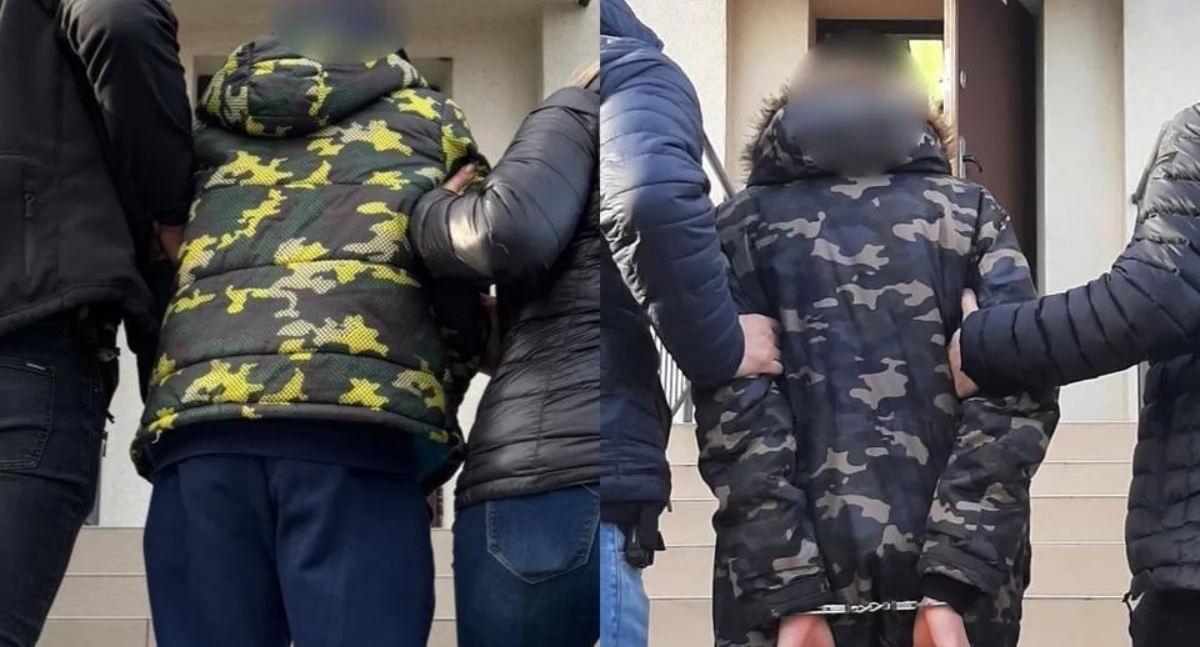 Zdjęcie zatrzymanych prowadzonych przez policjantów/ podlaska.policja.gov.pl
