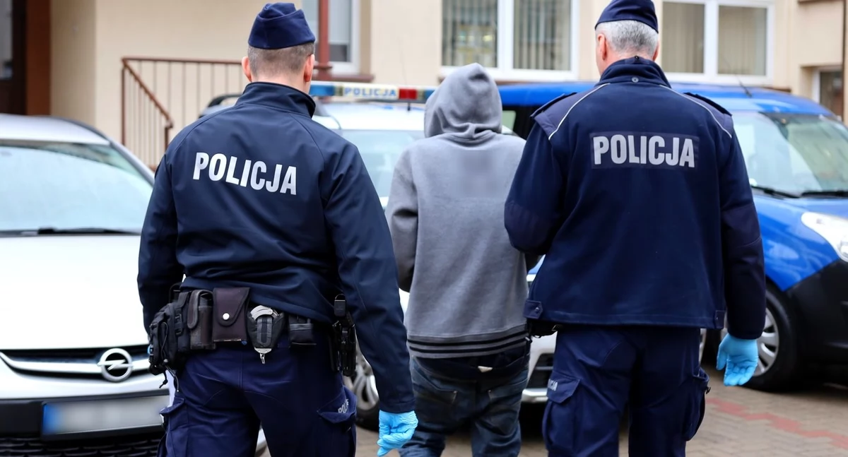 Zdjęcie policjantów prowadzących zatrzymanego mężczyznę/ podlaska.policja.gov.pl