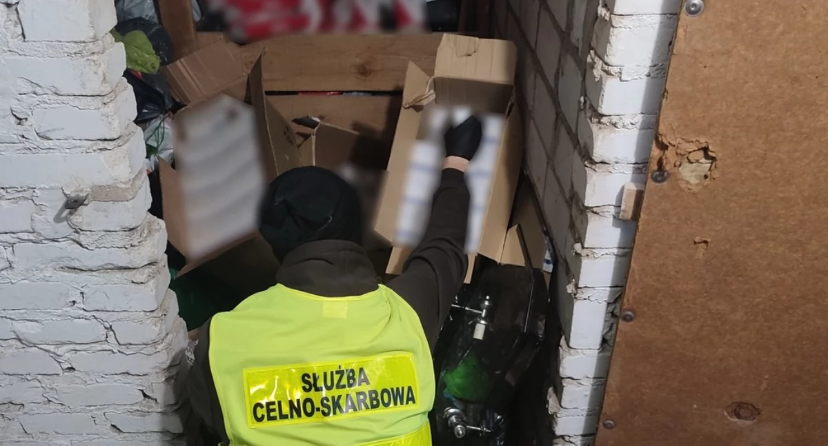 Zdjęcie celnika przy znalezionej kontrabandzie papierosowej/ KAS