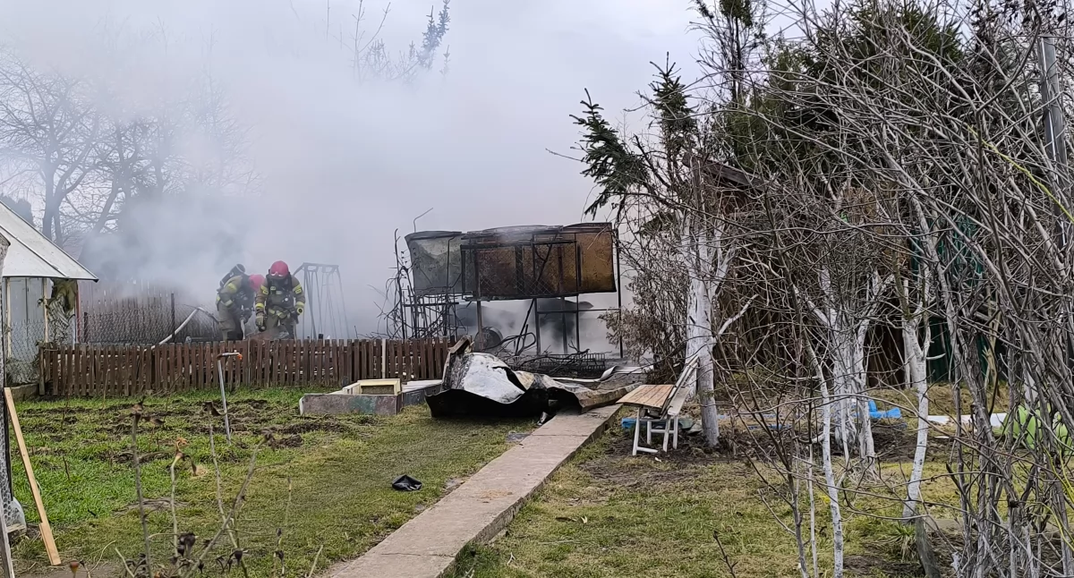 Zdjęcie strażaków gaszących pożar na terenie ogrodów działkowych w Białymstoku/ Fakty Białystok